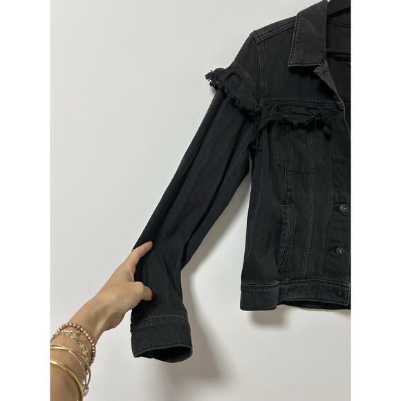 PAIGE RUFFLE HEIDI DENIM JACKET IN NIGHTINGALE BLACK Small Raw Edge Jean Womens - Picture 2 of 10